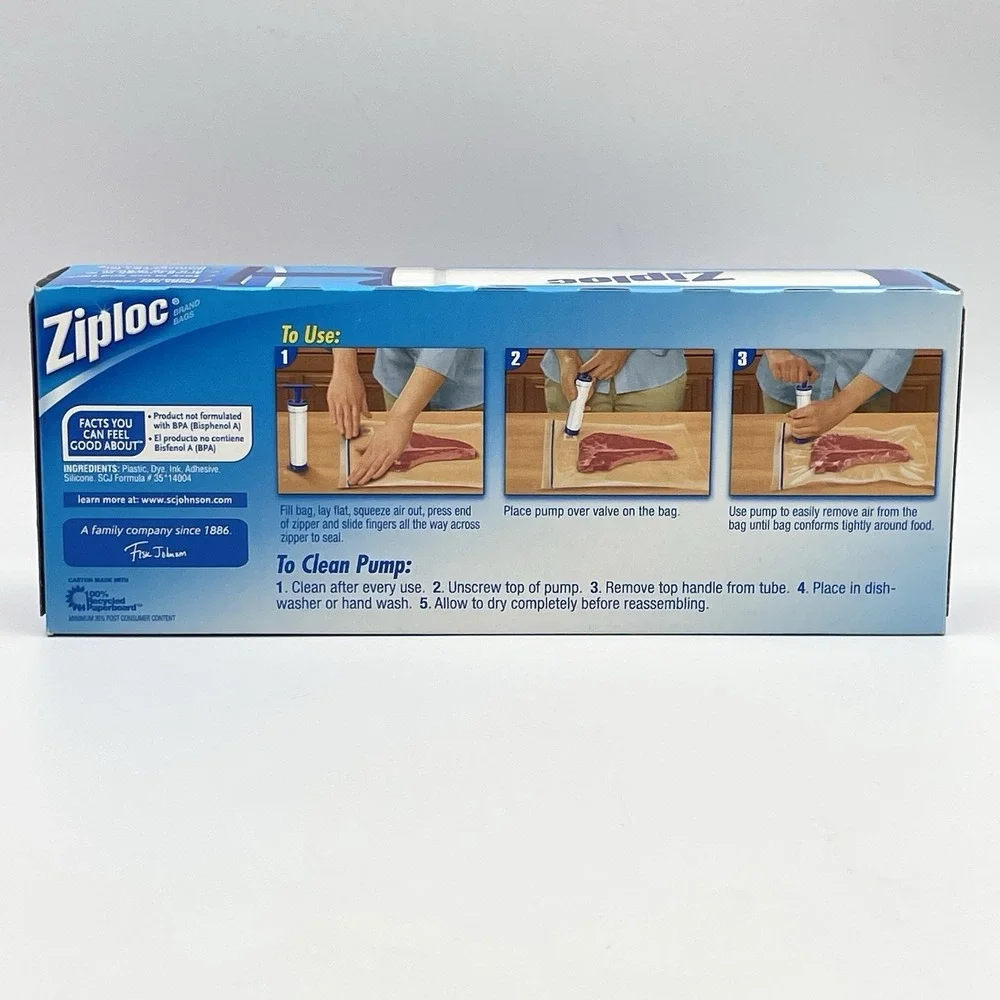 Ziploc Vacuum‎ Starter Kit Hand Pump With 3 Freezer Quart Bags NEW & SEALED